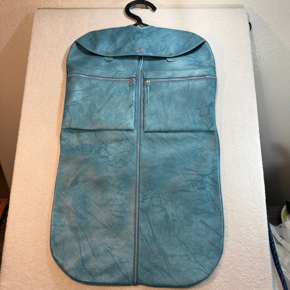 American Tourister Vintage Garment Bag Teal Blue Faux Leather Travel Suit Cover